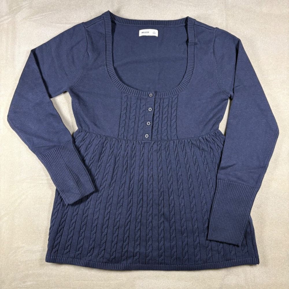 Hollister Navy Blue Cable Knit Babydoll‎ Top Henley Scoop Neck Long Sleeve Large